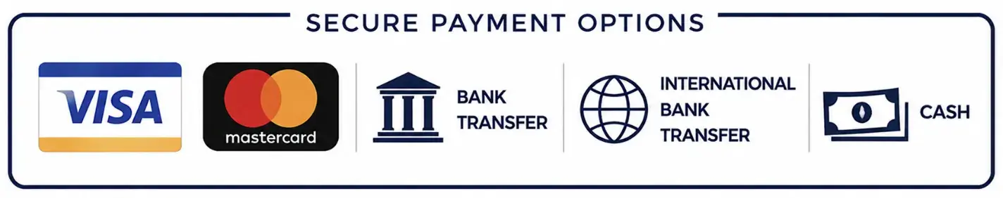 Secure payment options including Visa, Mastercard, bank transfer, international bank transfer and cash.